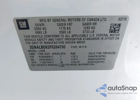 2015 Chevrolet Equinox 1Lt z USA, uszkodzony, nr VIN 2GNALBEK2F6284790